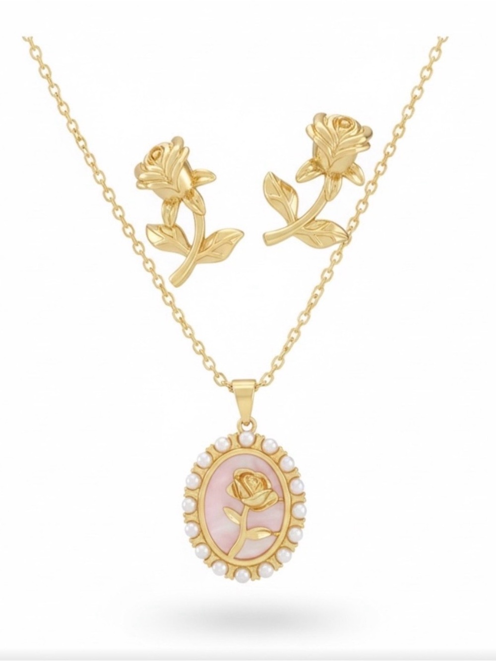 ⚜️ Gold-Tone Pink Rose Pendant Necklace & Stud Earrings Set